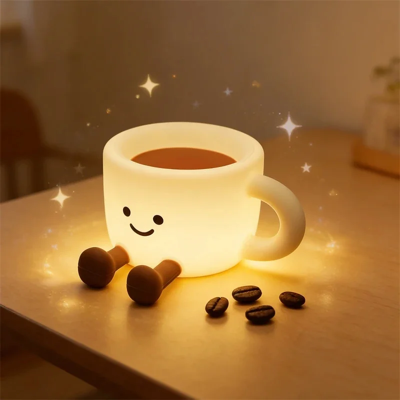 Cute Smiley Coffee Cup LED Night Light 7 Color Dimmable Rechargeable Timed Silicone Night Lamp For Bedroom Desk Decor Gift