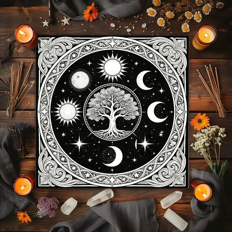 Tree of Life Sun Moon Moon Phase Stars Pentagram Altar Cloth Tarot Card Tablecloth Wicka Astrology Divination Ceremony Mat