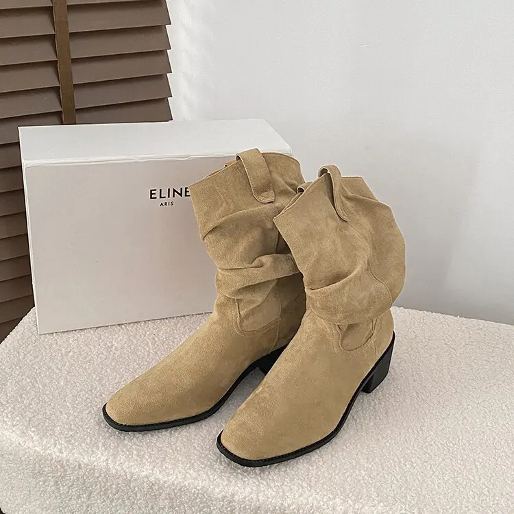 Botas de vaquero del oeste para mujer, botas de tubo medio Retro versátiles para Cosplay, mangas de tacón alto, botas informales para fiesta de Halloween 2025