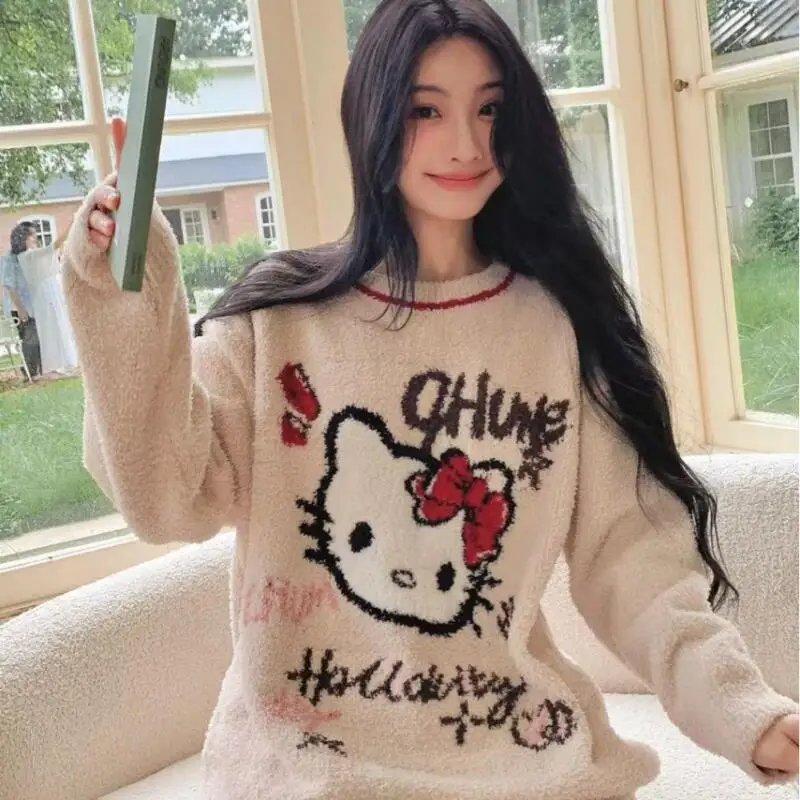 الكرتون صورة طالب Kawaii كيتي القط بيجامة فتاة 2025 الخريف الشتاء جديد أنيمي محبوك المنزل الملبس مجموعة ملابس فضفاضة غير رسمية