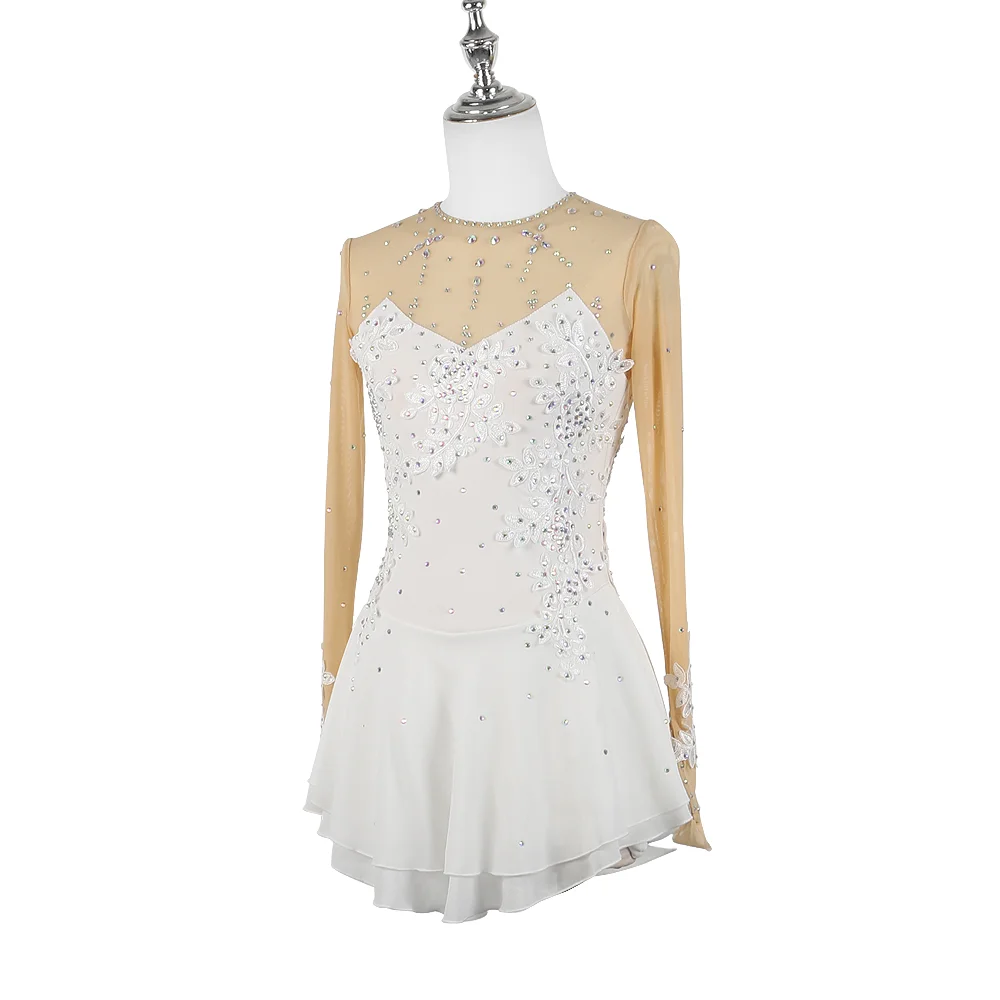 Zagitova Figure Skating Dress Women Girls Ice Skating Skirt White Three-dimensional Flower Lace Shiny Diamond Mesh Skirt