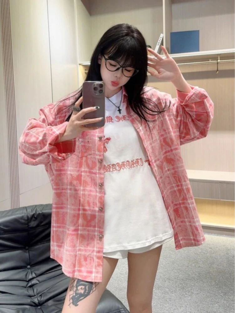 Loose Fashion Mid-Length Pink Plaid Shirt Female 2024 Spring and Summer New Fashion Brand Rhinestone Denim Coat Womens Tops