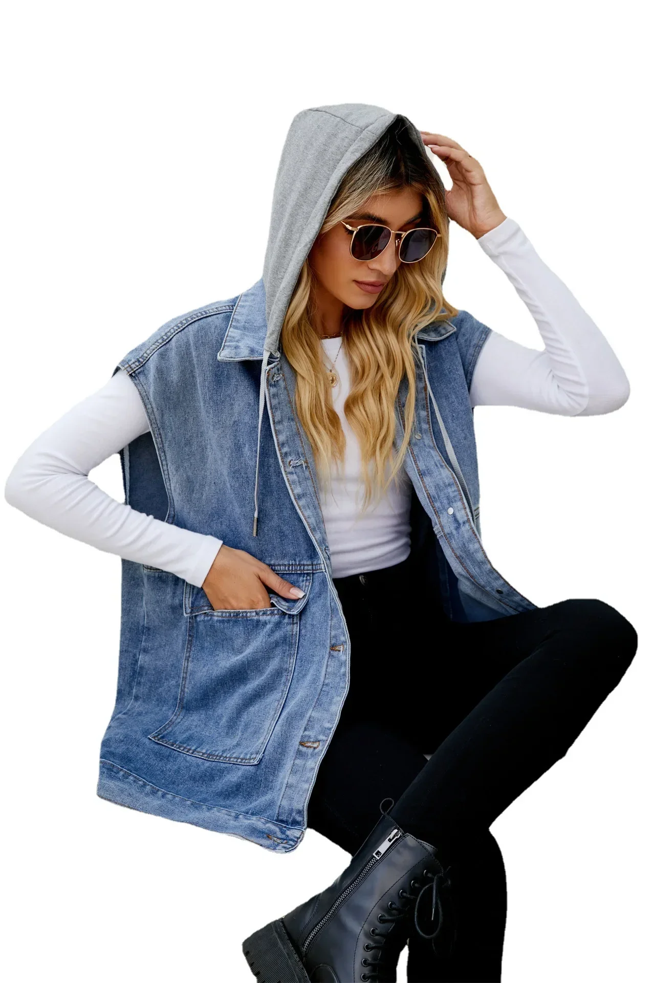 Chaleco vaquero para mujer, sin mangas, de retazos, con capucha, chaleco desmontable, bolsillos, chaqueta desgastada lavada de un solo pecho, abrigo informal