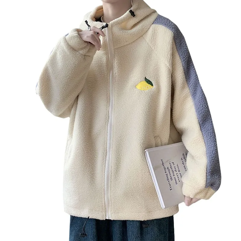 Thick Embroidery Lemon Pattern Harajuku Men Hoodie Patchwork Color Sleeve Lamb Plush Sweatshirt Autumn Winter Zipper Male Coat