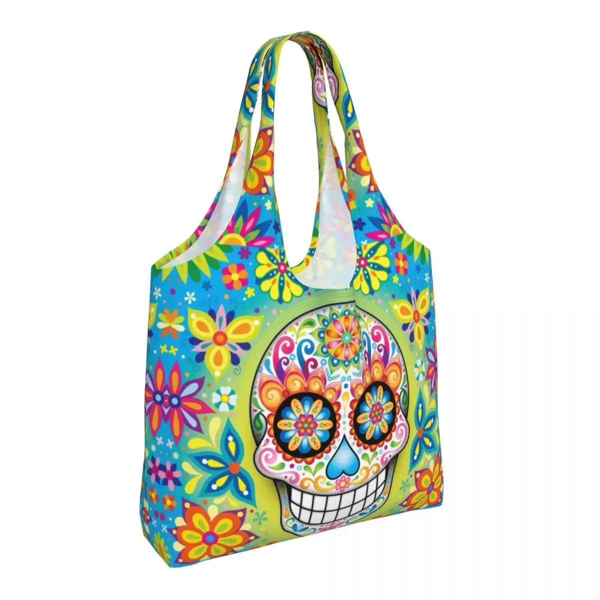 Day Of The Dead Sugar Skull Canvas Shopping Bag Women Recycling Large Capacity Grocery Halloween Mexican Flowers Shopper Tote Bags