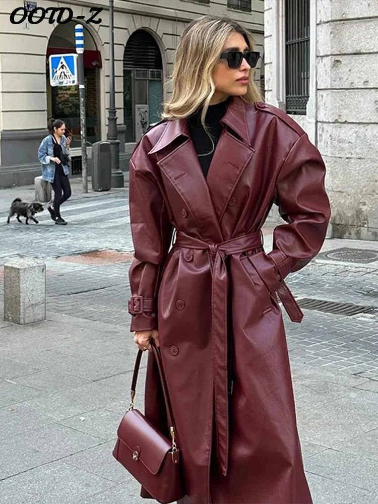 

Elegant PU Leather Women Long Trench Coats Loose V-neck Lace Up Double Breasted Lady Jackets 2025 Autumn Fashion Female Outwears