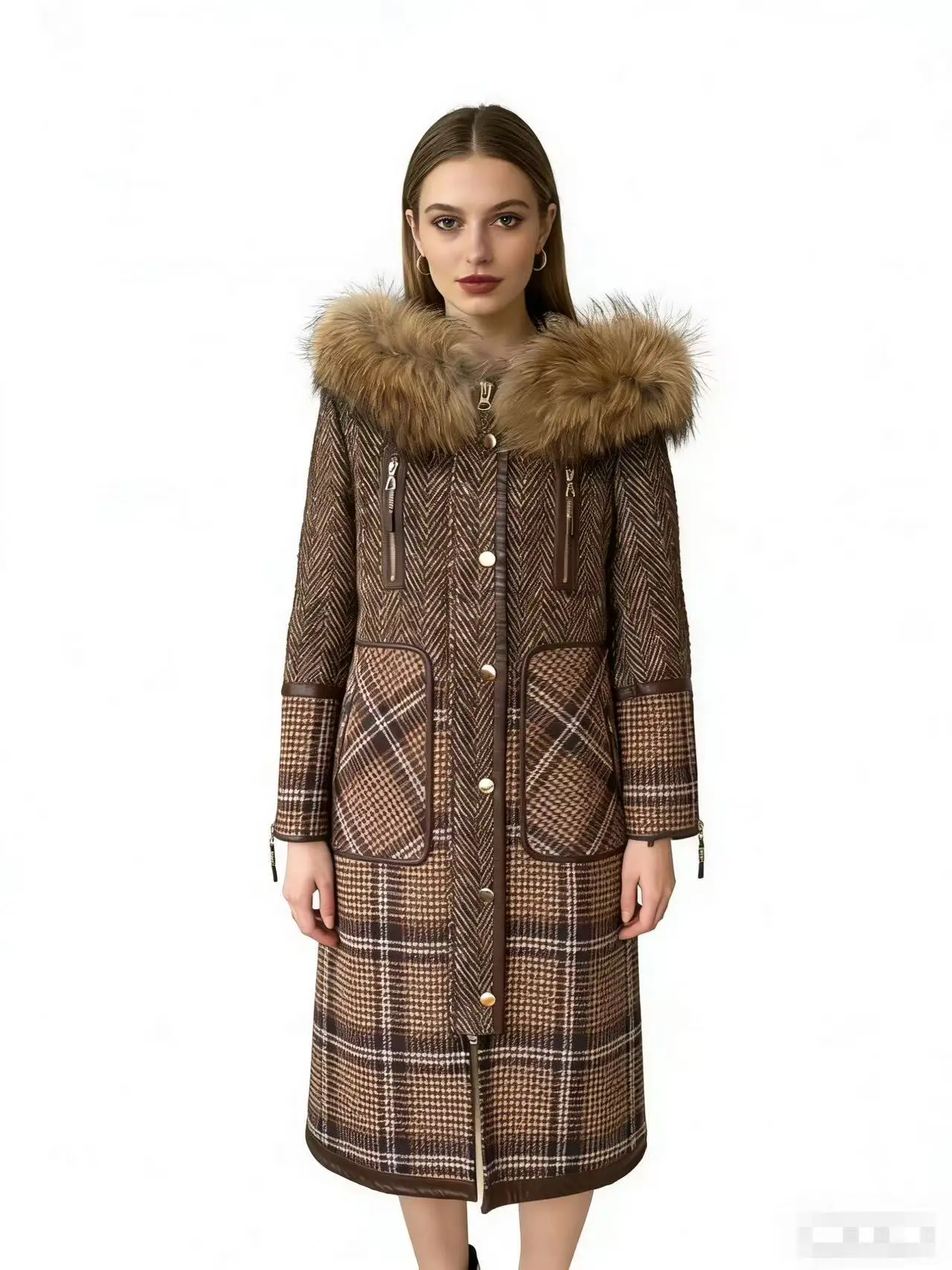 

Premium Lambswool Coat with Genuine Fox Fur Collar Contrasting Plaid Design One Piece Exudes Vintage Luxury