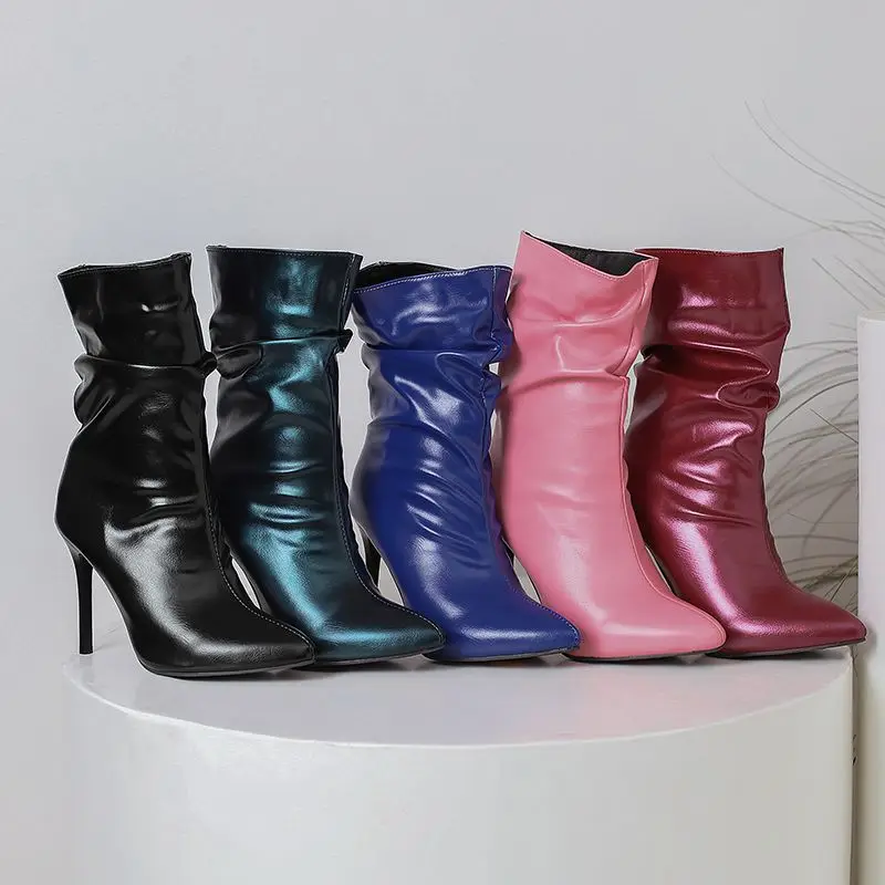 ORCHA LISA مثير النساء حذاء من الجلد الانزلاق على مطوي حجم كبير 47 48 موضة الحفلات سيدة الجوارب أشار تو رقيقة عالية الكعب 10 سنتيمتر