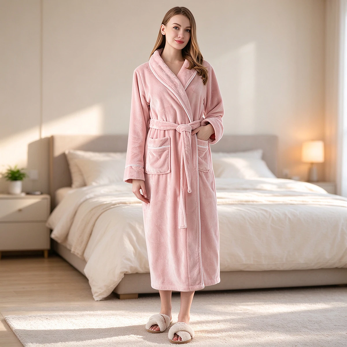 Paar-Bademantel für Damen und Herren, Flanell-Fleece-Morgenmantel, dicker, warmer Plüschmantel mit Schalkragen und Gürtel, Winter-Schlafanzug, Loungewear – Detail 12