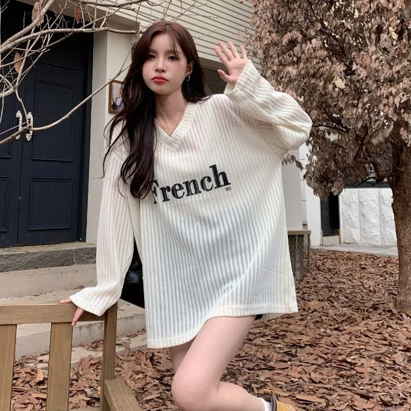 Women Clothing Fashion Loose Letter Printing T-shirts Spring Summer Casual Solid Hollow Out Top Tee Cotton Long Sleeve Pullovers