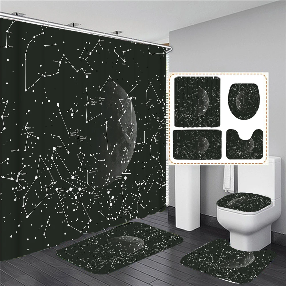 Waterproof Shower Curtain Set Moonlight Sea Starry Sky Scenery Bath Rug and Mats with Hooks Toilet Seat Cover Bathroom Decor