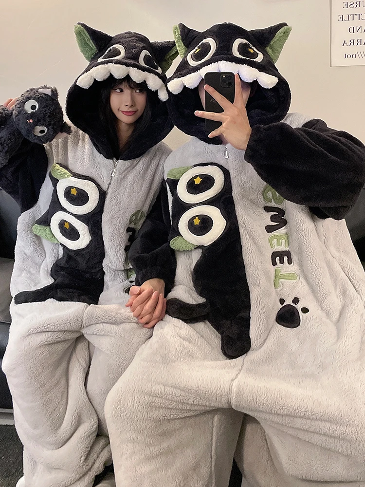 DAIMELU الكرتون طويلة الأكمام منامة الرجال الشتاء قطعة واحدة المرجان الصوف الفانيلا الذكور كبيرة الحجم المتسكعون مجموعة ملابس خاصة دعوى