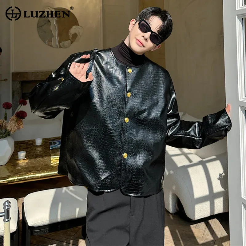 LUZHEN Crocodiles Pattern Faux Fur Leather Jacket Casual Short Versatile Elegant Handsome Light Luxury Vintage Men's Tops LZ7351