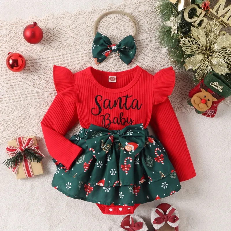 0-18M Christmas Newborn Infant Baby Girls Rompers Long Sleeve Letter Santa Hat Print Jumpsuit Headband Xmas Outfits