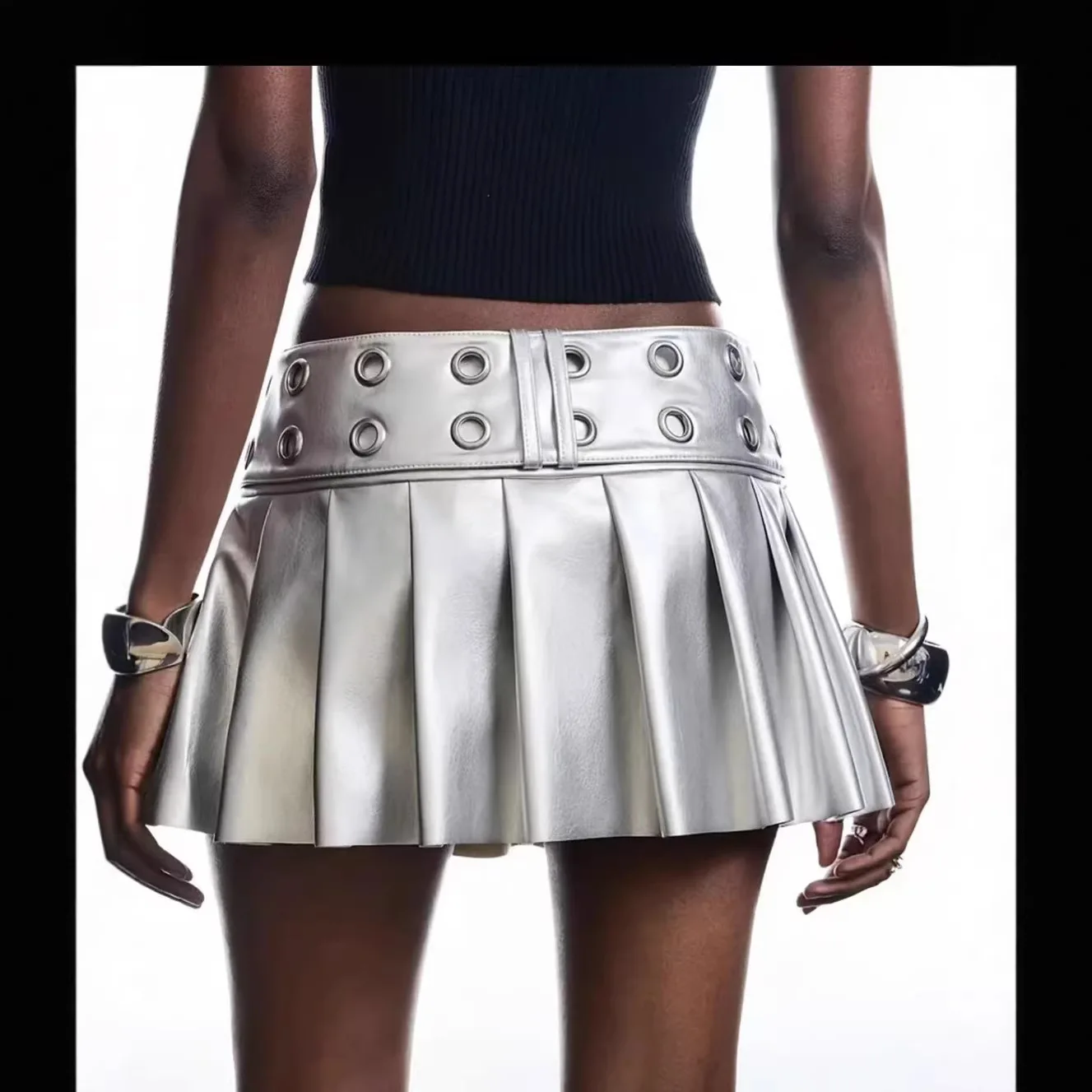 2026 New Punk Style Sexy Belt Silvery Short Skirts for Women Spice Girls Mini Pleated Pu Leather Skirts