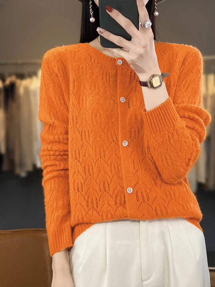 Spring New Women\'s Cardigan 100% Merino Wool Sweater O-neck Hollow Grace Cashmere Knitted Coat Korean Fashion Female Clothes Top