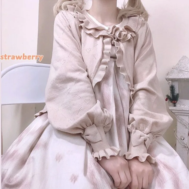 Вязаный кардиган с вырезом в форме сердца в японском стиле Лолиты, милая укороченная накидка с защитой от солнца, винтажный свитер Kawaii на весну и осень