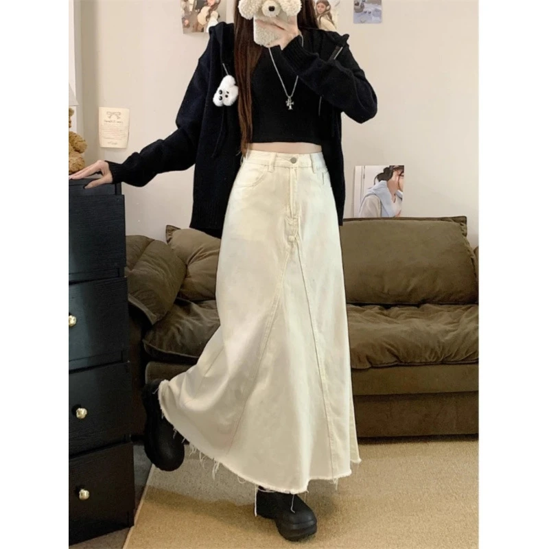 Abricot gland taille haute Denim mi-longue jupes rue vêtements pour femmes nouveau ample mince polyvalent jupe longue grande jupe parapluie