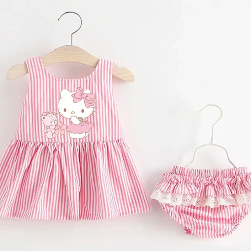 Kawaii Sanrio Hello Kitty Cinnamoroll My Melody Girl Strap Dress Pants Two Sets Bow Tie Back Dress Set Baby Halter Dress Pp Pant