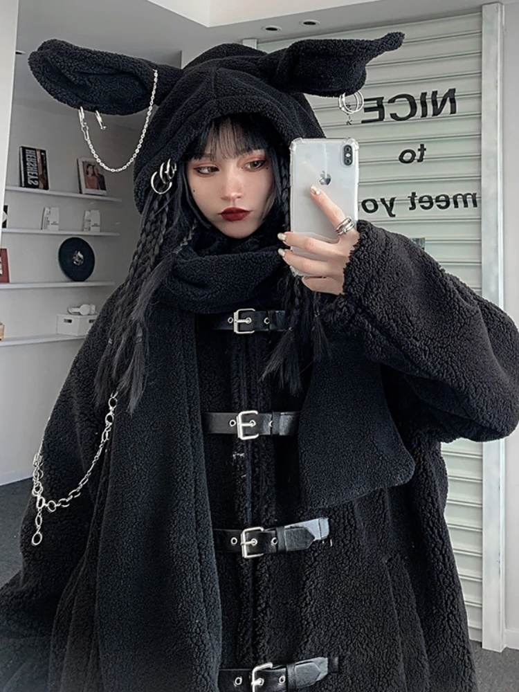 INSCUTEE Streetwear Y2k Alt Neckerchief Women Harajuku Vintage Mall Goth Grunge Cute Rabbit Cap Scarf with Chain Emo Wrap Female