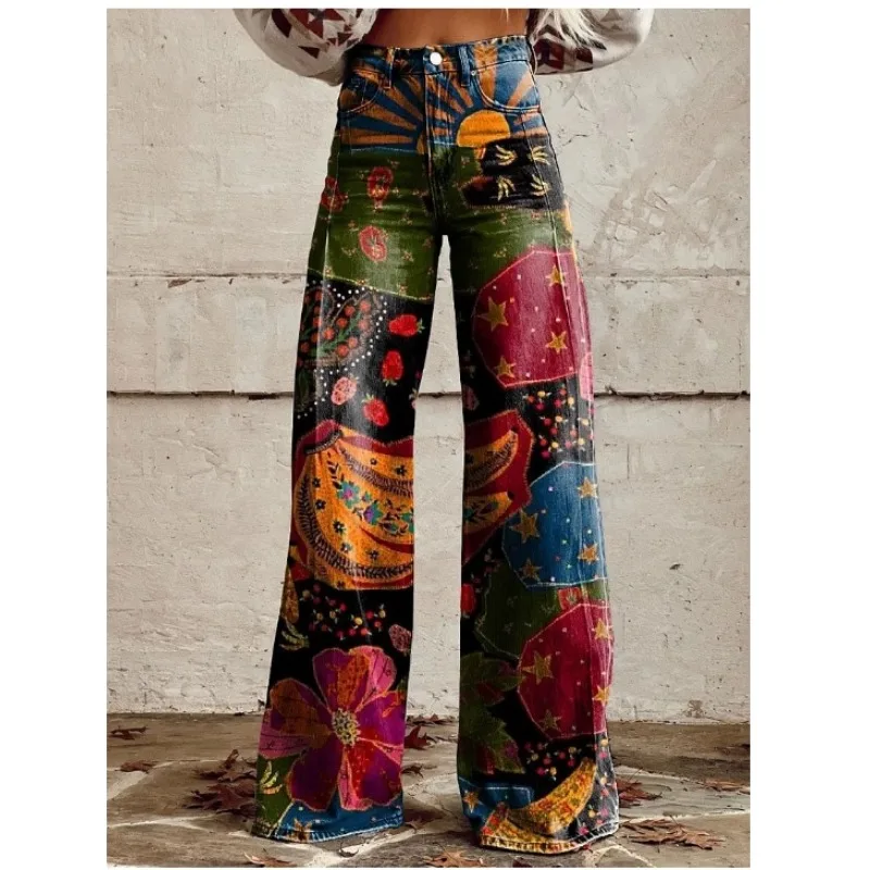 عبر الحدود AliExpress التجارة الأوروبية الأمريكية كبيرة الحجم المرأة موضة عادية رقيقة تقليد الجينز واسعة الساق السراويل الطويلة #5