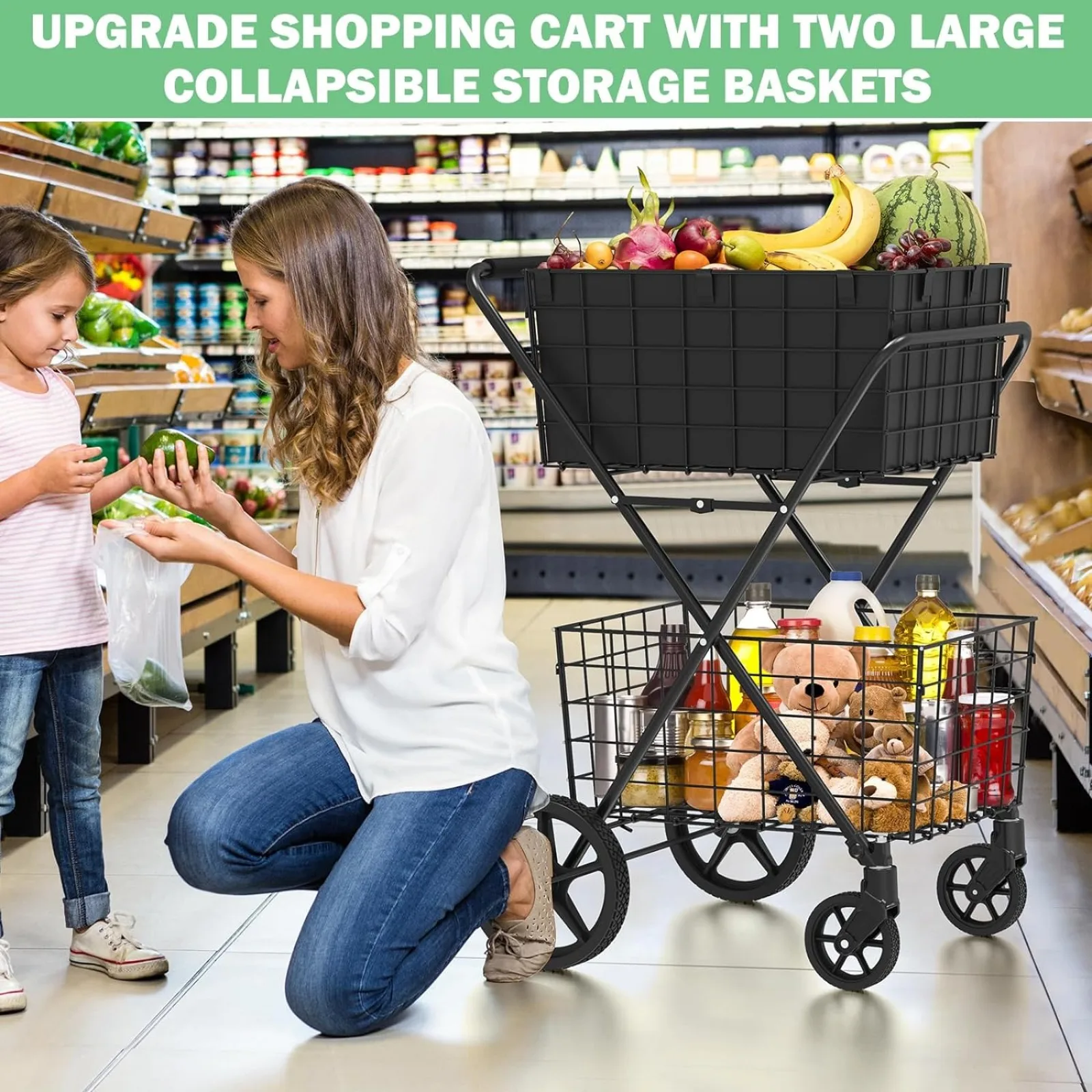 US 420LBS Extra Large Shopping Cart for Groceries, Grocery Cart with Removable Storage Basket, 360° Rolling Swivel Wheels