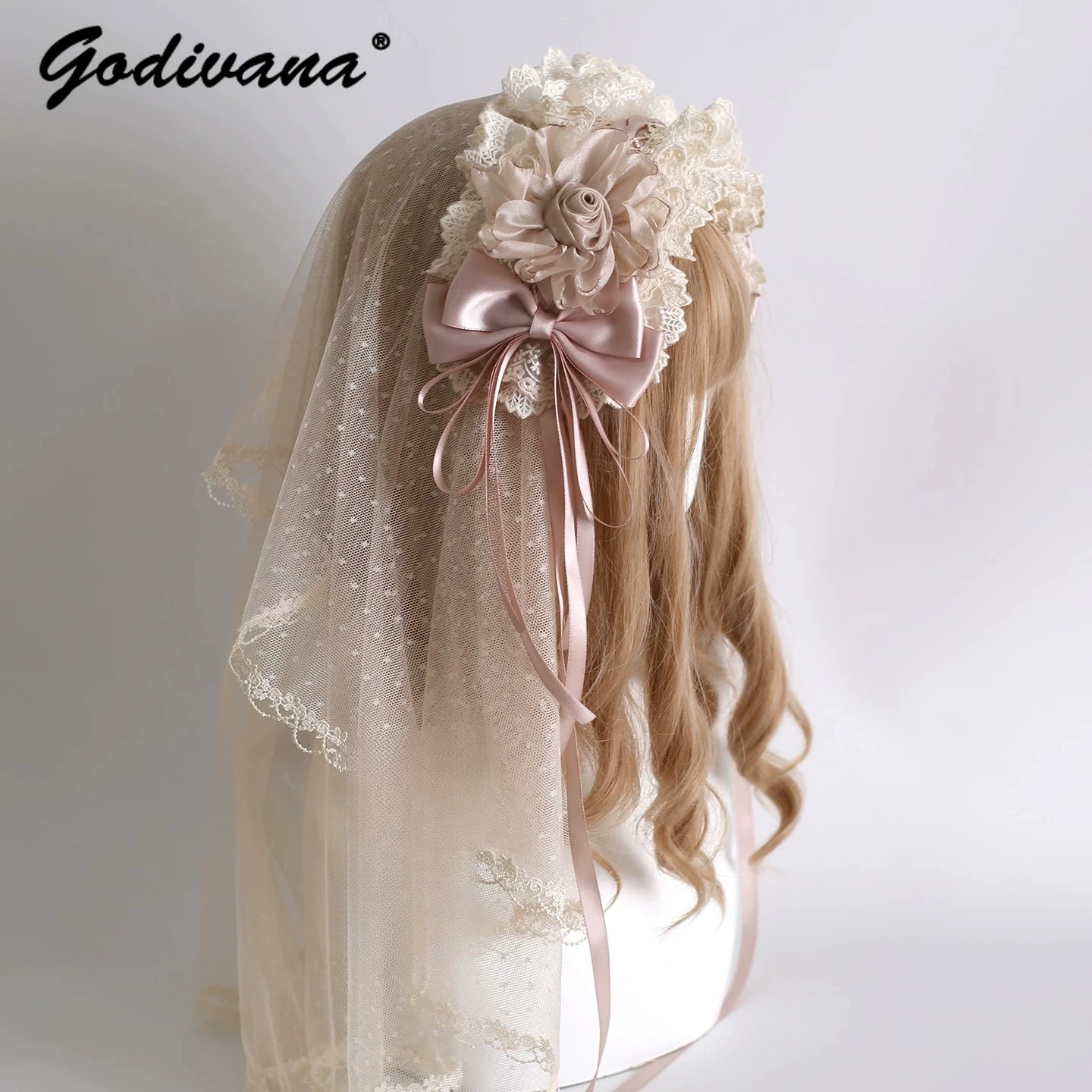 

Handmade Lolita Hair Accessories Mesh Flower Hairpin Generated Color Flower Pill Bowslace Champagne Hairband Veil Side Clips