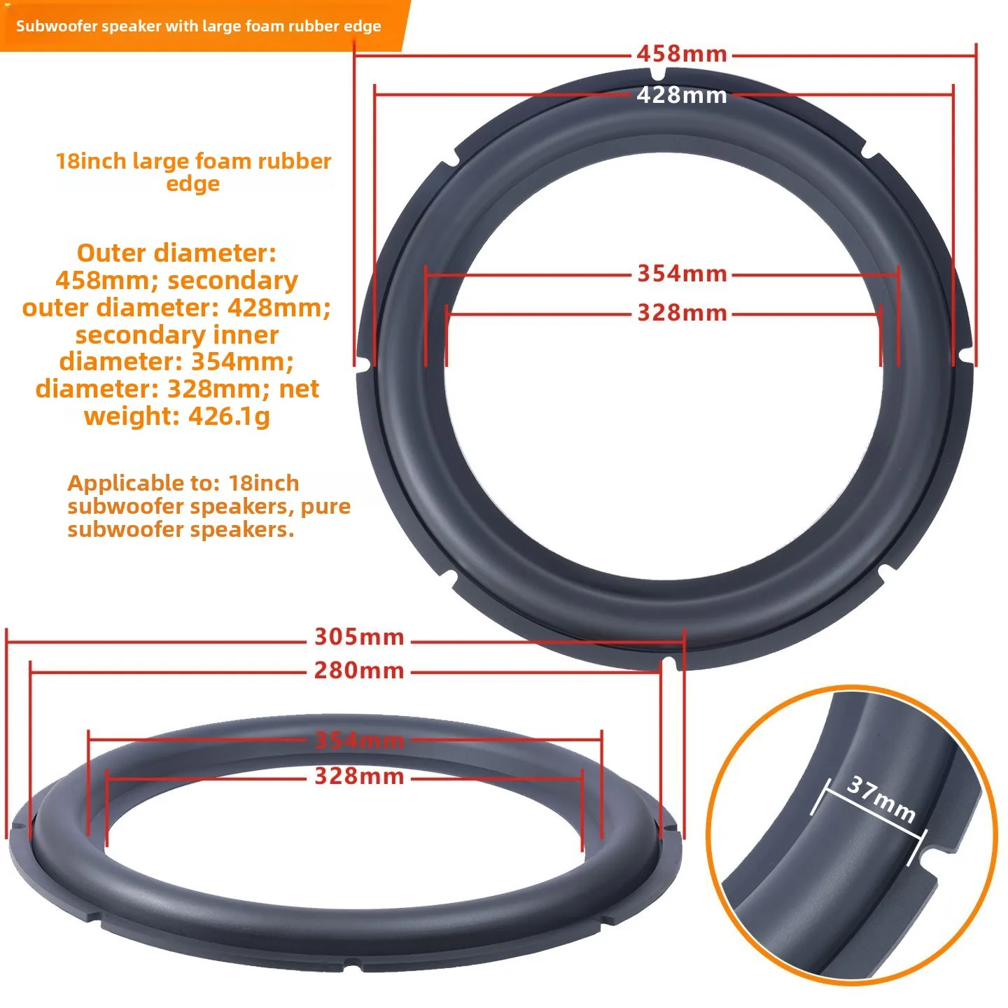 MW Audio, set van 2 rubberen randen voor luidsprekers, 6,5"/8"/10"/12", reparatieband voor de rand van een subwoofer.