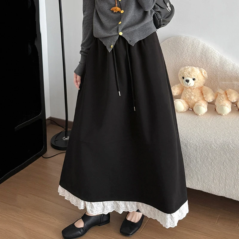 

Элегантная длинная юбка трапециевидной формы с кружевным подолом, женская осень-зима 2022, теплые шерстяные юбки, женская шикарная юбка-зонтик с эластичной резинкой на талии