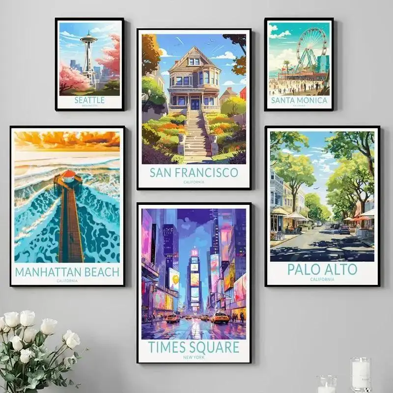 Cuadro sobre lienzo de paisaje nocturno de América del Norte, Seattle, Nueva York, vistas de la playa, póster impreso de primera calidad para decoración del hogar