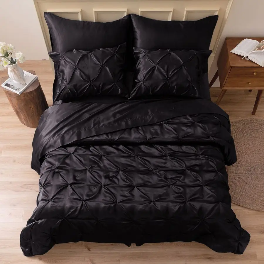 

Satin Comforter Queen 7 Pieces Luxurious Pinch Pleat Bedding Set with Comforter, Flat Sheet, Fitted Sheet, Pillowcases amp Shams