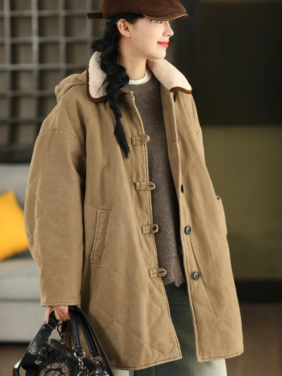 

Женское хлопковое пальто Thiened средней длины с капюшоном, воротником из овечьей шерсти и лоскутным дизайном, теплая верхняя одежда, ветровка