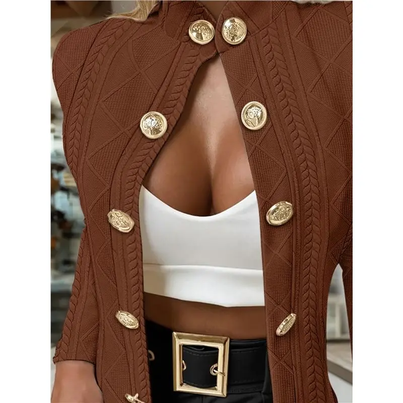 AA01-Women Argyle Cable Cardigan Light-Weight Cropped Coat Stand Collar Long Sleeve Metal Button Fall Jackets