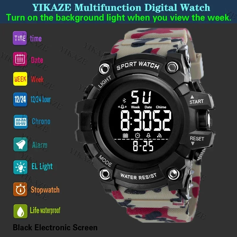 YIKAZE Military Sport Watches Waterproof Men\'s LED Digital Watch Big Dial Alarm Clock Multifunction Sport Watch for Man Kid Gift