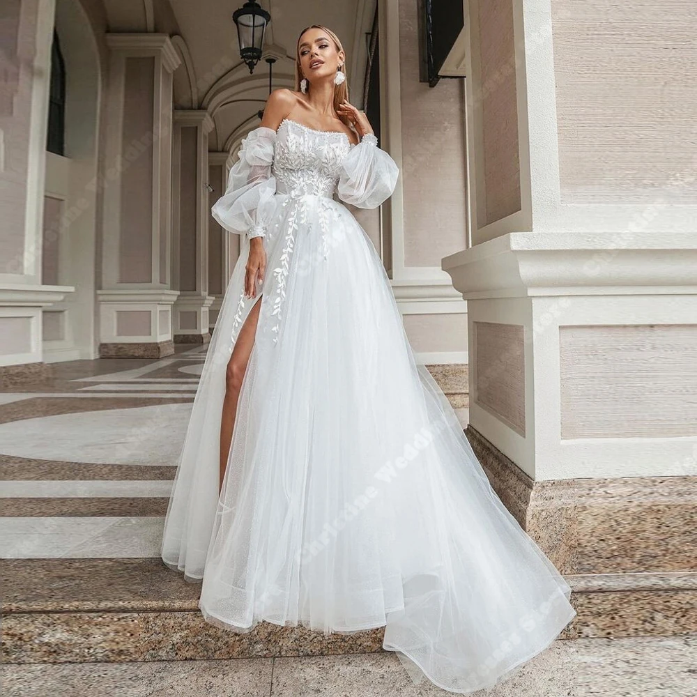 Robes De mariée élégantes pour femmes, épaules dénudées, dentelle imprimée, ligne a, longueur De nettoyage, robe De princesse personnalisée