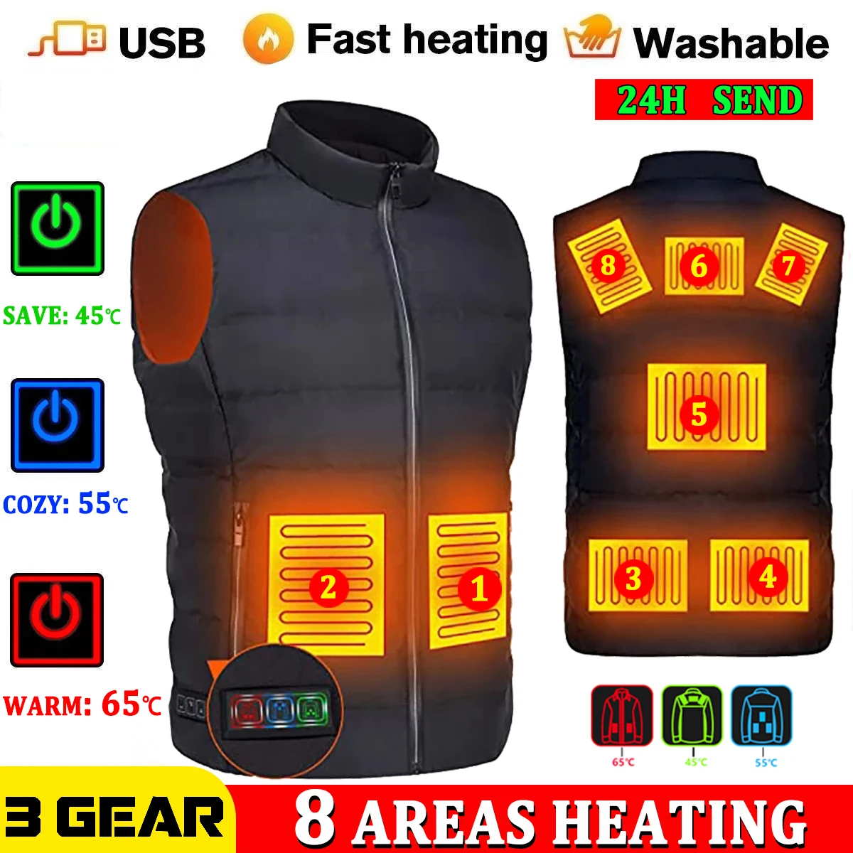 8 Heating Zones Vest Jacket Heated Vest Electric Heated Jackets Men Women Sportswear Waistcoat USB Heating Vest for Camping Ins