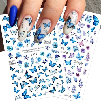 Butterfly Nail Blue Stickers Flowers Leaves Self Adhesive Decals 3D Transfer Sliders Wraps Manicure Foils DIY Decorations Tips