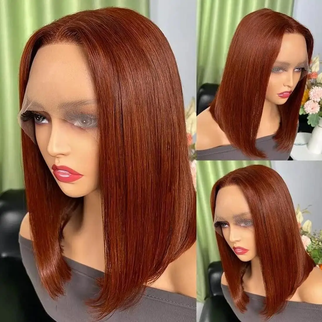 Peluca Bob corta de cabello humano, color marrón rojizo, 13x4, encaje frontal, prearrancada con cabello de bebé, 180 de densidad