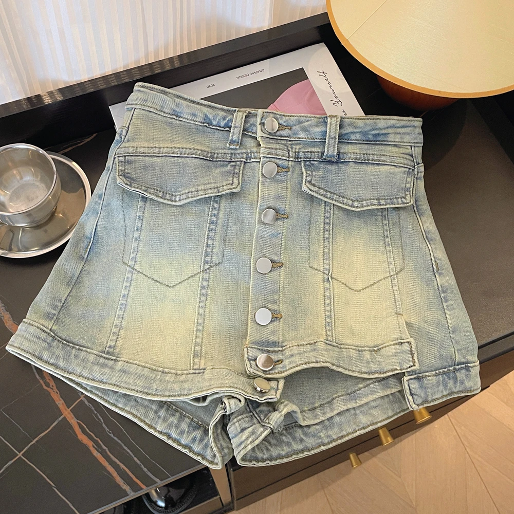 Korea Women's High Waist A Line Denim Shorts Skirts 2024 New Summer Casual Jean Streetwear Vintage Shorts Female