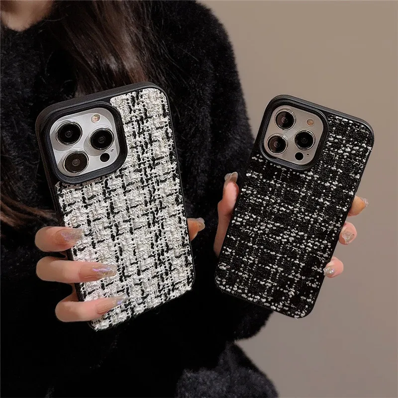 Lovebay Winter Knit Black White Plaid Flannel Phone Case for iPhone 15 14 11 12 Pro Max Shockproof Soft Back Bumper Covers Funda