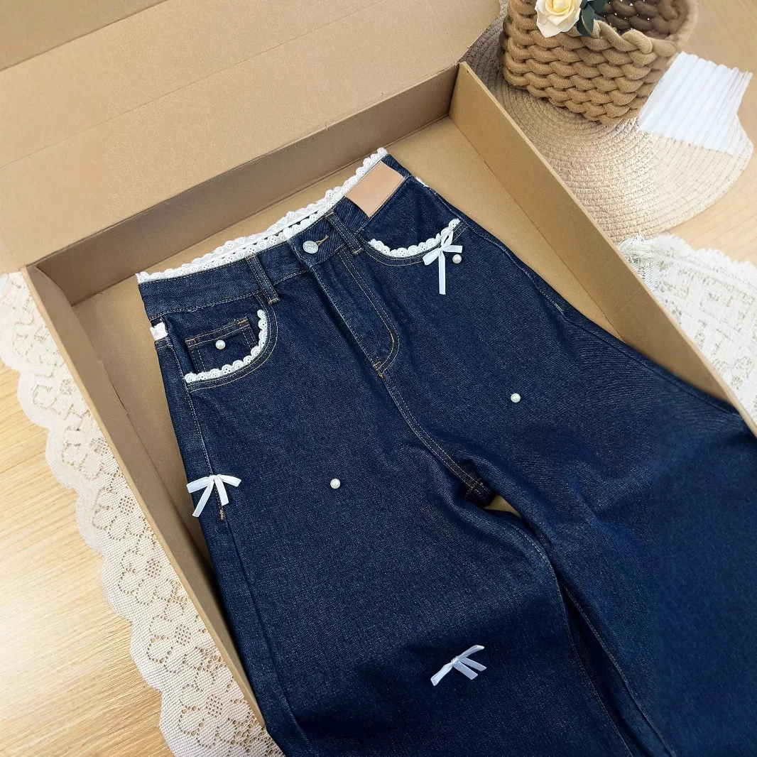 

Lace Jeans For Women Spring Autumn Washed Blue Loose Straight Leg Pants Sweet Bow Casual All-matched Long Denim Pants