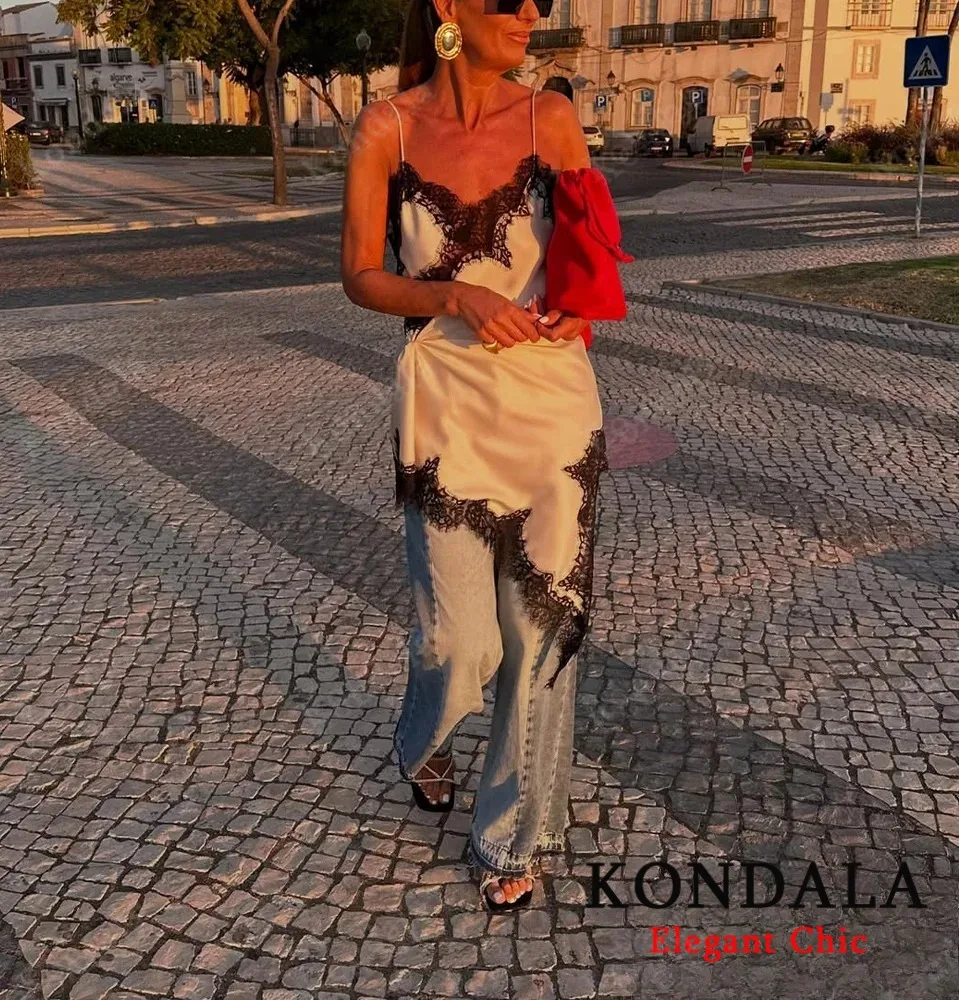 KONDALA Women Elegant Luxury Dress Lace Asymmetrical Suspender Dress New 2025 Spring/Autumn Fashion Party Hot-Sexy Mujer Dress