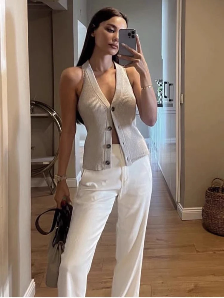 ZABA Women\'s V-Neck Knitted Vest Sleeveless Cardigan Jacket Fashion Casual Strapless Neck Top Vintage Slouchy Soft Sweater