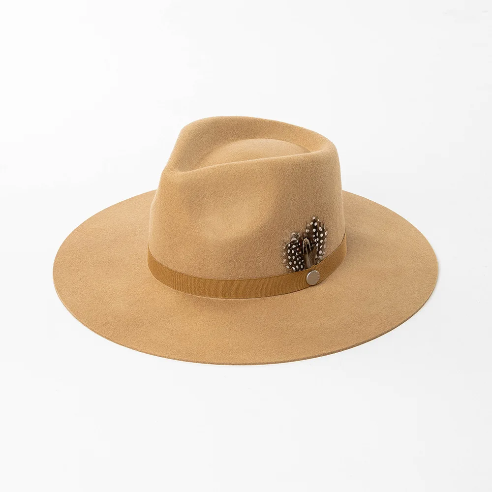 New Fashion Casual Feather Ribbon Wide Brim Wool Felt Jazz Hat Outdoor Casual Warm Fedora