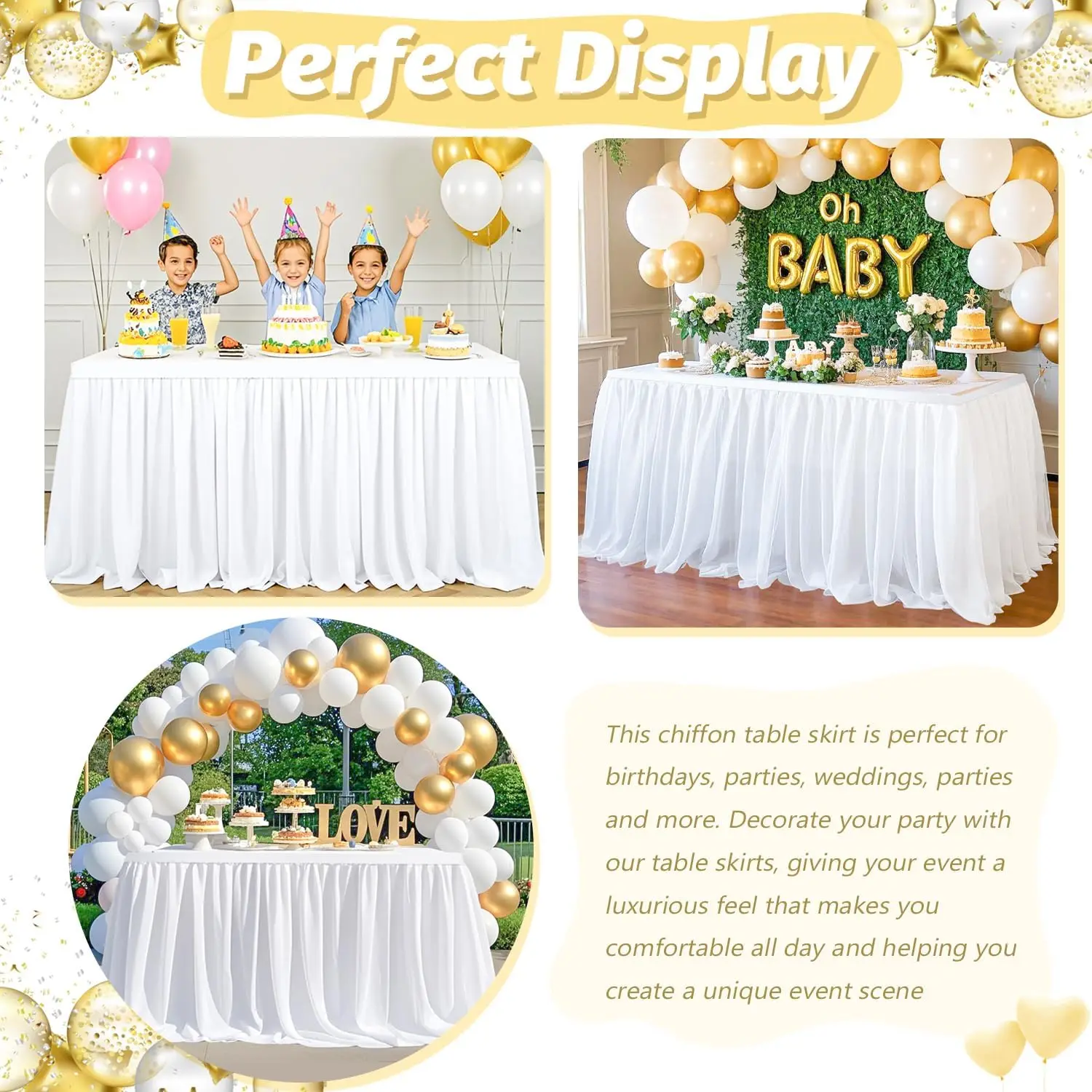 Chiffon Table Skirt White Table Skirts for Rectangle Tables Chiffon Sheer Ruffle TableCloth for Party Banquet Cake Table Decor