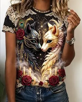 Women Gothic Mask Twin Fox Rose Candle Lace Collar Graphic T‑Shirt Mystical Feather Casual Short Sleeve Tee Top