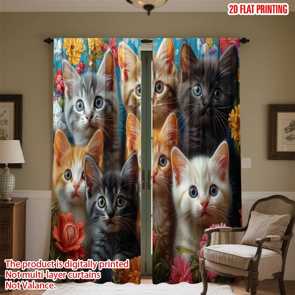 

2D flat printing 2pcs Curtain Cute Kittens with Flowers Digital Printed Polyester Drapes Family Party Use for Holiday Parties