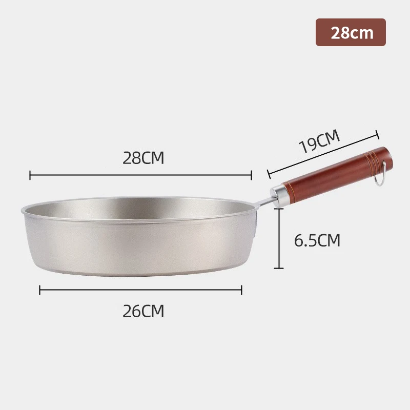 28cm Pure Titanium Skillet 99.8% Titanium Frying Wok Uncoated Non Stick Frying Pan with Wood Handle for Kitchen Home Gift