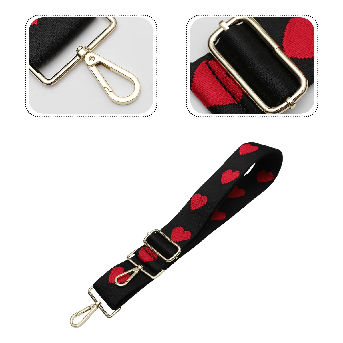 Colorful Heart Shape Printed Wide Shoulder Strap Adjustable Length Crossbody Bag Belt Durable Canvas Buckle Design