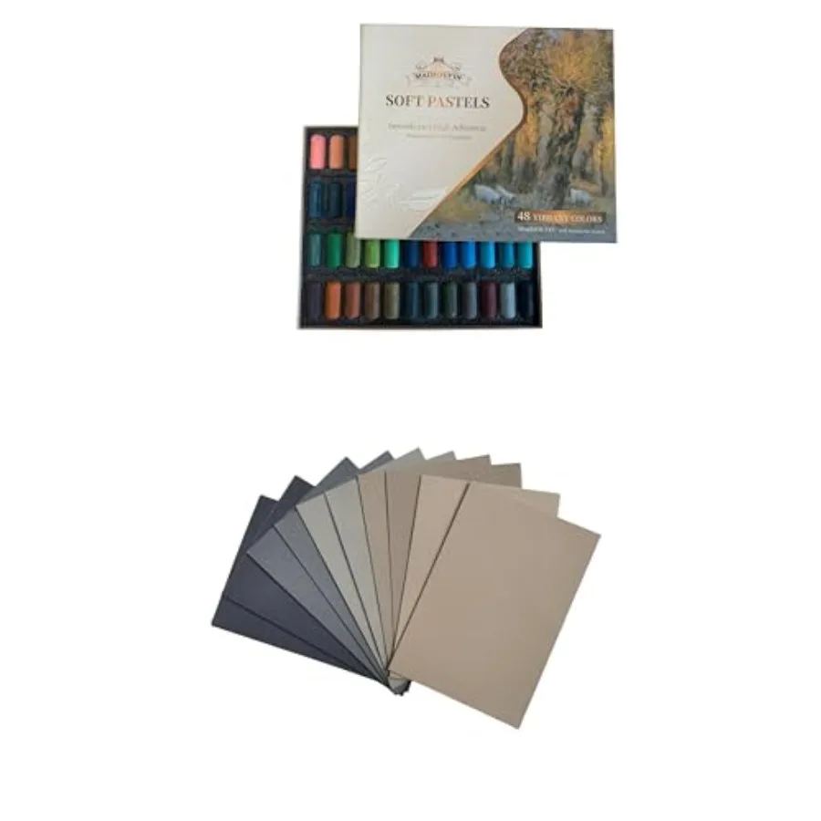 

10 Sheets of 5 Colors Sanded Pastel Paper and 48 Colors Soft Pastels Set for Artists, Beginners